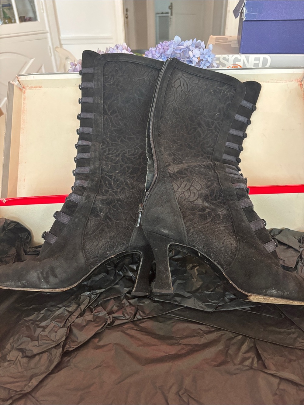 Black Suede Mid-Heel Women's Knee High Boots